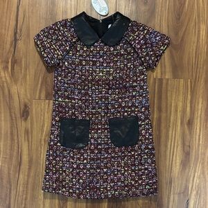 Frenchies Girls' Tweed Shift Dress with Faux Leather Collar in Burgundy Mix